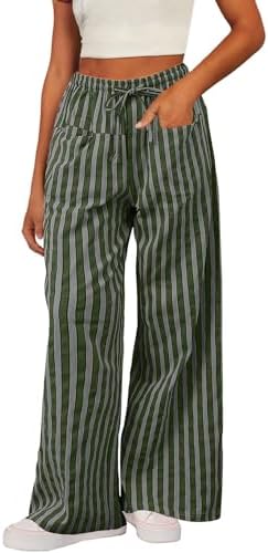 Green Casual Striped Color Block Pants Drawstring Elastic Waist