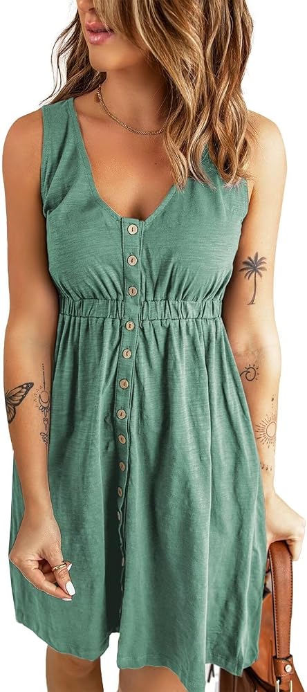 Green Casual Summer 2025 Fashion V Neck Sleeveless Button Down