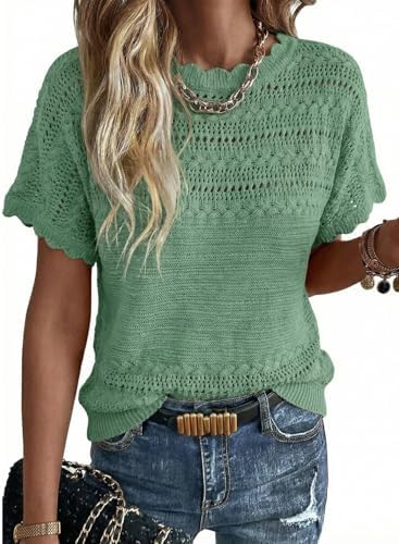 Green Crochet Knit Sweater Crewneck Short Sleeve Top