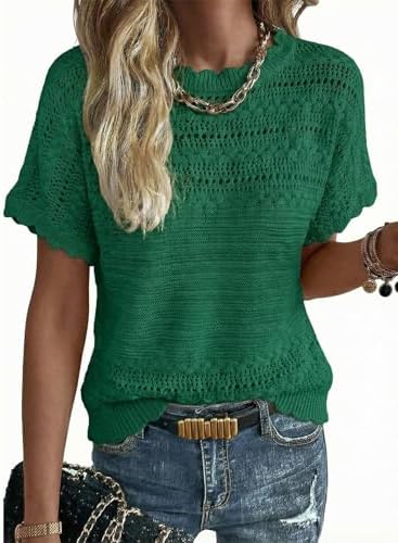 Green Crochet Knit Sweater Crewneck Short Sleeve Top