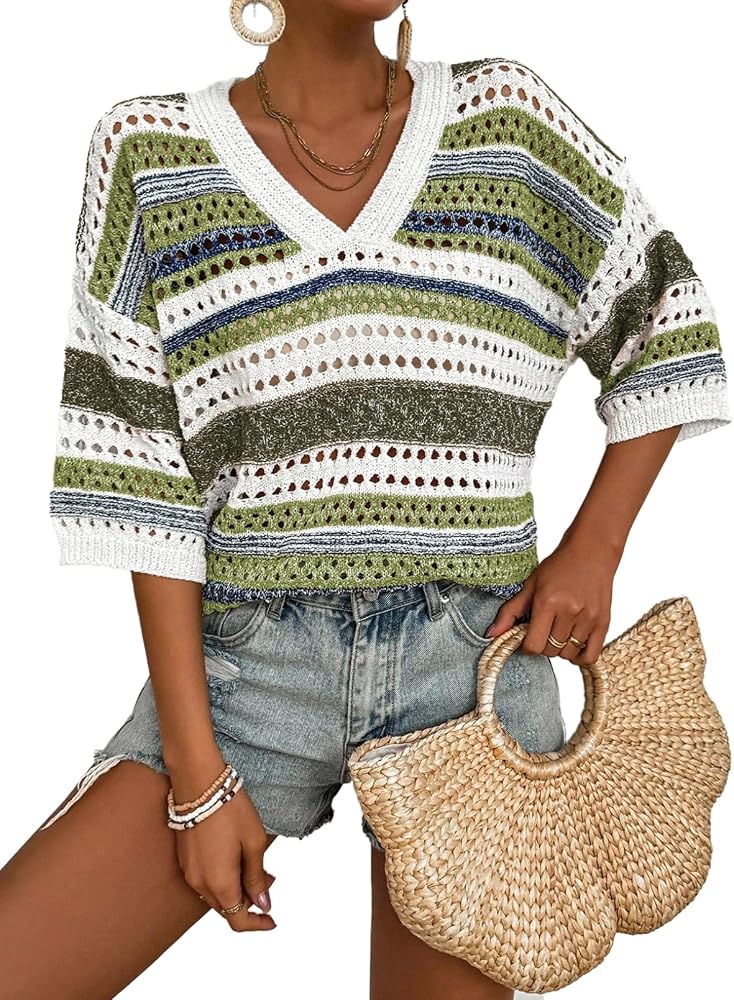 Green Crochet Tops for Summer Short Sleeve Sweater
