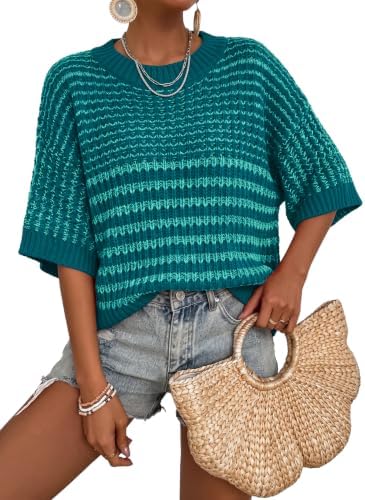 Green Fashion 2026 Spring Loose Striped Knit Sweater Tops 3/4