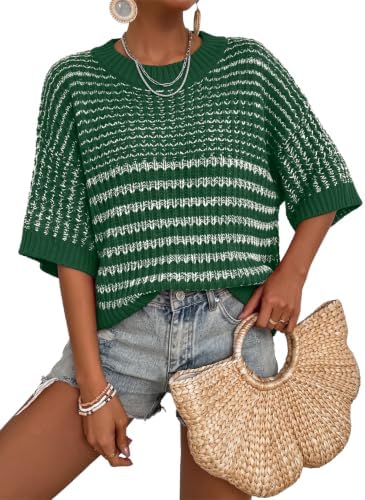 Green Fashion 2026 Spring Loose Striped Knit Sweater Tops 3/4