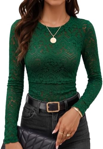 Green Floral Lace Tops Fall Long Sleeve Crewneck Sheer Mesh