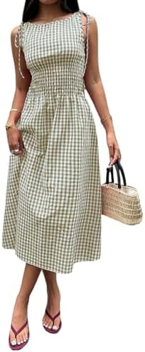Green Gingham Dress Flowy Maxi Beach Sun Dresses
