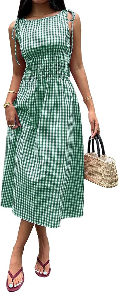 Green Gingham Dress Flowy Maxi Beach Sun Dresses