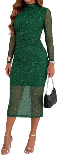 Green Glitter Ruched Bodycon Midi Dresses 2026 Fashion Sparkly
