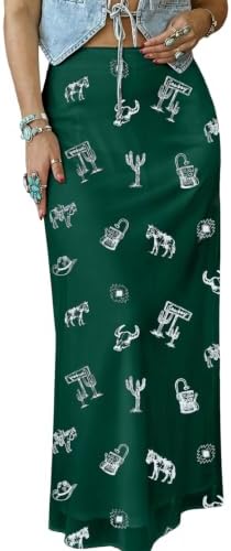 Green High Waist Western Cowboy Print Mesh Boho Maxi Skirt
