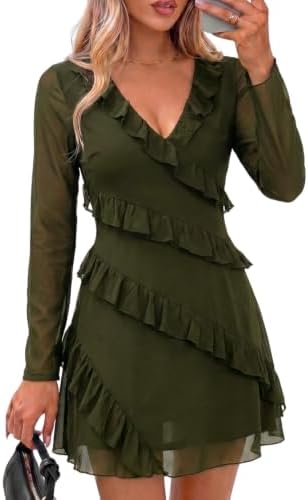 Green Long Sleeve Dress Ruffle A Line Mini Dresses