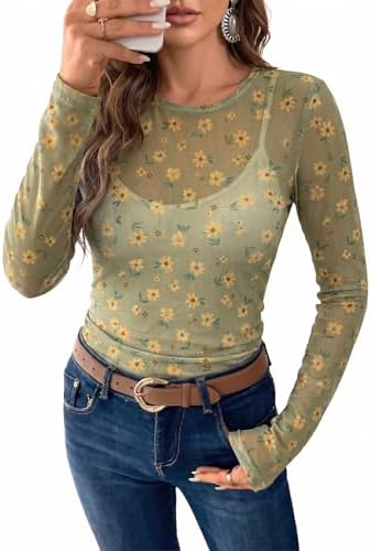 Green Long Sleeve Floral Mesh Tops