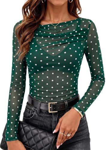 Green Polka Dot Mesh Tops Fall Fashion 2026 Long Sleeve Boat Neck