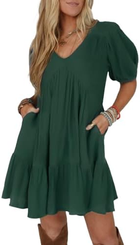 Green Short Sleeve Babydoll Mini Dress