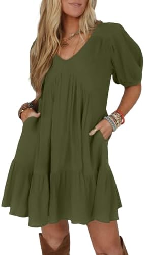 Green Short Sleeve Babydoll Mini Dress, Most