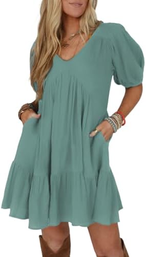 Green Short Sleeve Babydoll Mini Dress