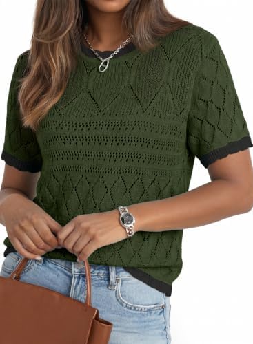 Green Short Sleeve Sweaters Crochet Tops