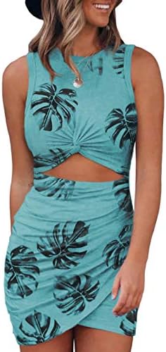 Green Spring Summer Sleeveless Leaves Print Hollow Out Twist