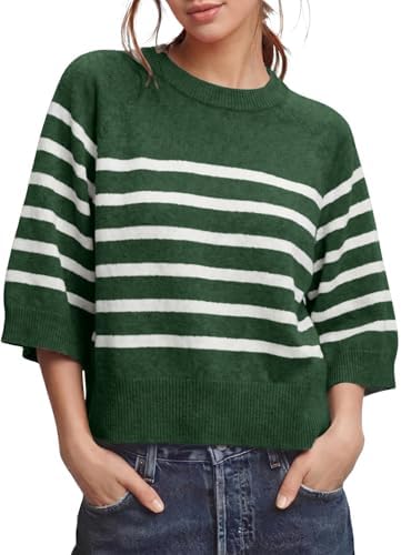 Green Striped 3/4 Sleeve Sweaters Fall Knit Tops