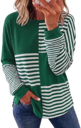Green Striped Color Block Tops Fashion Spring 2026 Long Sleeve