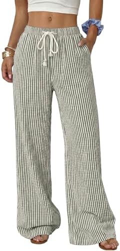 Green Striped Wide Leg Linen Pants