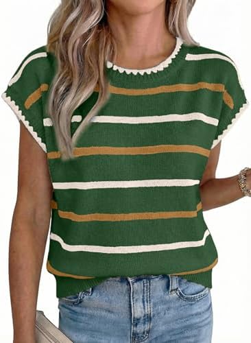 Green Summer Striped Short Sleeve Sweater Knit Tops