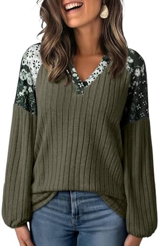 Green Sweaters for V Neck Casual Knit Long Sleeve Tops