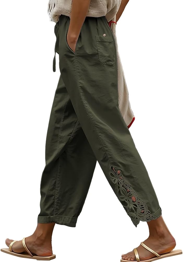 Green Trendy Casual Linen Pants Lightweight Drawstring Elastic