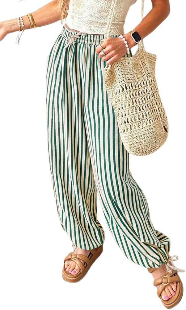 Green Trendy Wide Leg Striped Pants 2026 Fall Fashion Drawstring