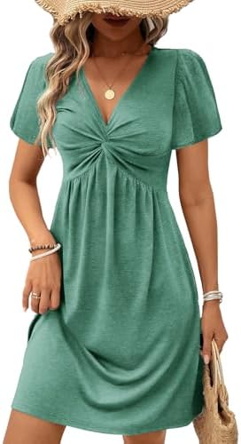 Green Twist Front V Neck Short Sleeve Mini Dress High Waist