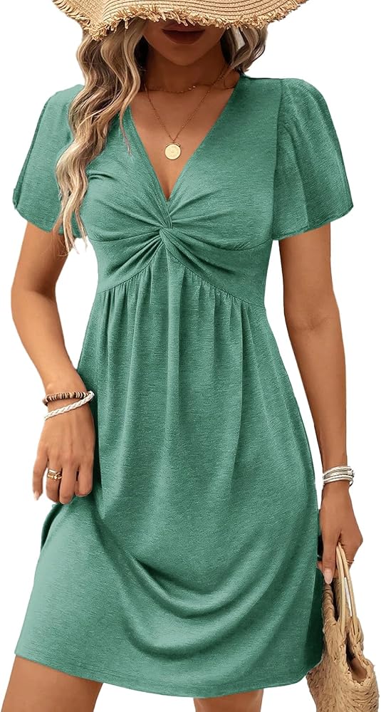 Green Twist Front V Neck Short Sleeve Mini Dress High Waist