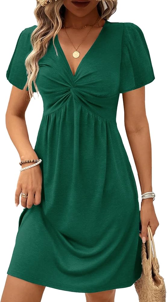 Green Twist V Neck Short Sleeve Mini Dress High Waist