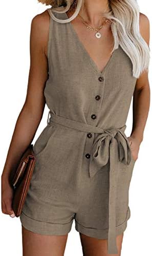 Khaki Casual Fashion 2025 V Neck Sleeveless Button Down Belted