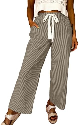 Khaki Casual Fashion 2026 Fall Striped Pants Elastic Waist High