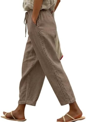 Khaki Casual Linen Pants Drawstring Elastic Waist Fall Fashion