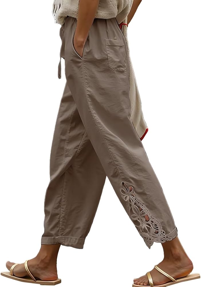Khaki Casual Linen Pants Lightweight Drawstring Elastic Waist