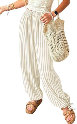 Khaki Casual Striped Wide Leg Pants Drawstring Elastic High Waist