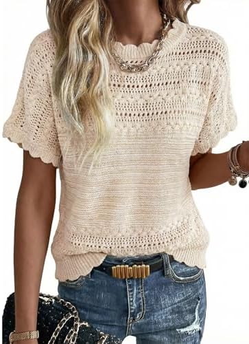 Khaki Crochet Knit Sweater Crewneck Short Sleeve Top M | Crochet