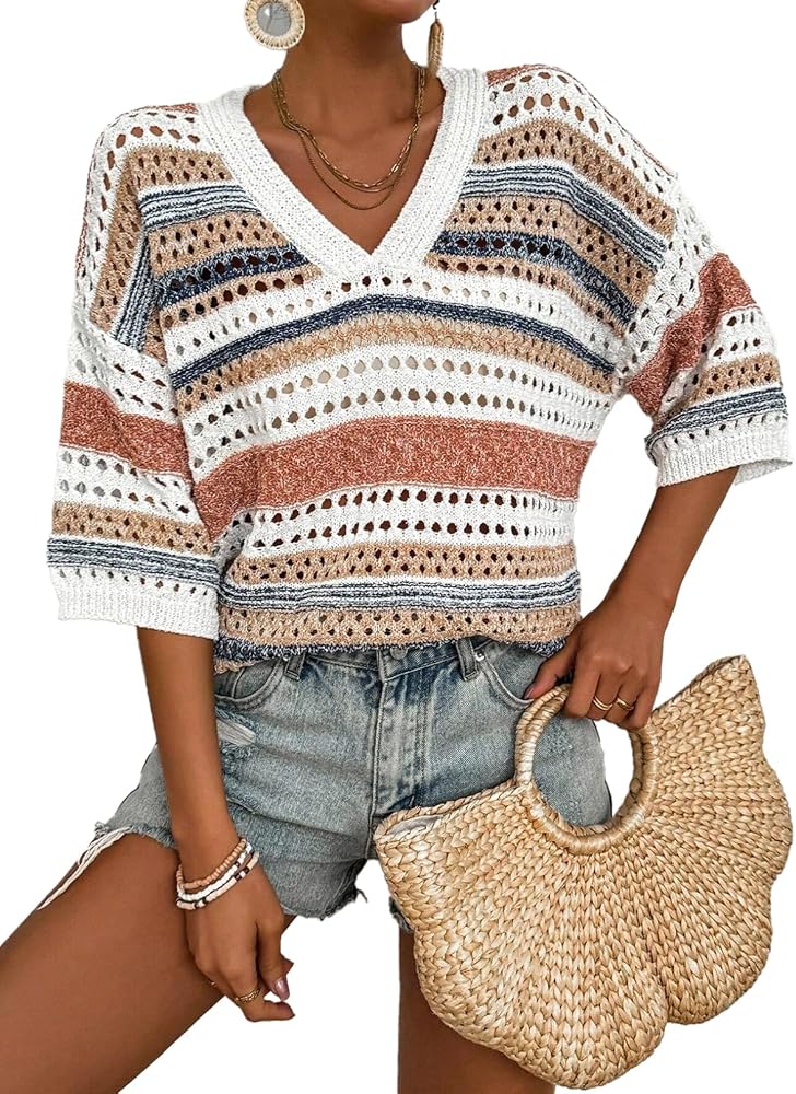 Khaki Crochet Tops for Summer Short Sleeve Sweater
