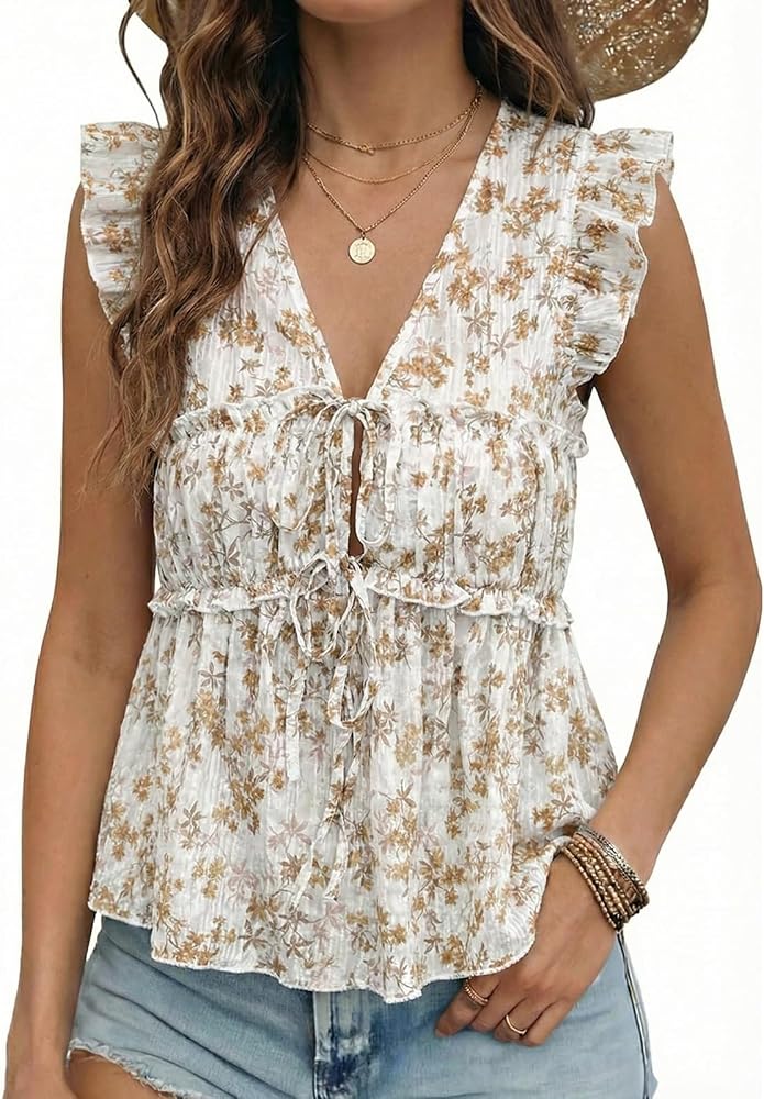 Khaki Fashion Casual 2026 Summer V Neck Ruffle Cap Sleeve