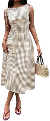 Khaki Gingham Dress Flowy Maxi Beach Sun Dresses