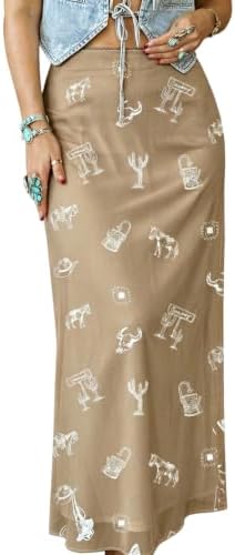Khaki High Waist Western Cowboy Print Mesh Boho Maxi Skirt