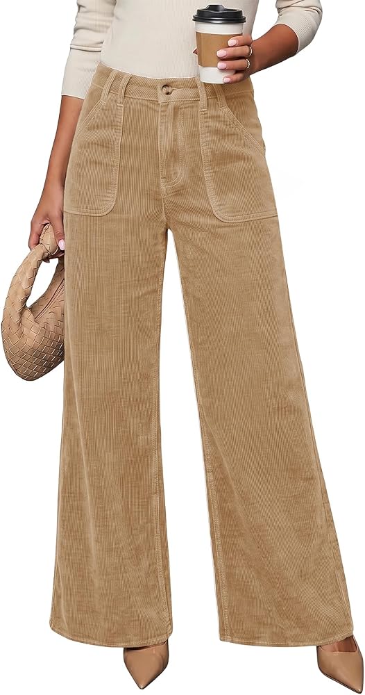 Khaki High Waisted Wide Leg Corduroy Pants Casual Loose Fit
