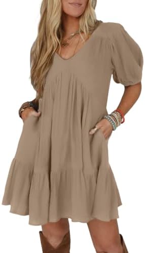 Khaki Short Sleeve Babydoll Mini Dress, Dark