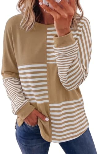 Khaki Striped Color Block Tops Fashion Spring 2026 Long Sleeve