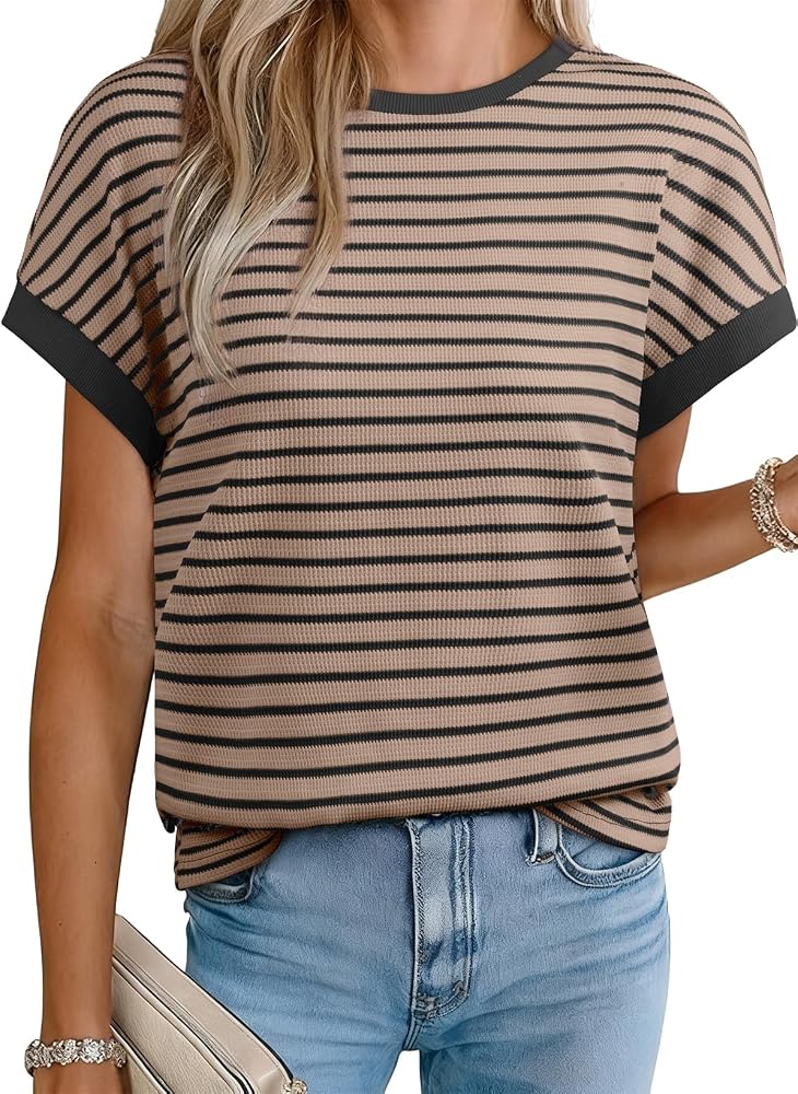Khaki Striped Shirt Summer Short Sleeve Tops, Medium | Comfort