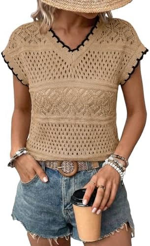 Khaki Summer Tops Hollow Out Beach Crochet Cover Ups, , Medium |