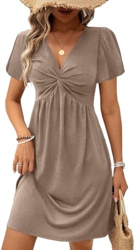 Khaki Twist Front V Neck Short Sleeve Mini Dress High Waist