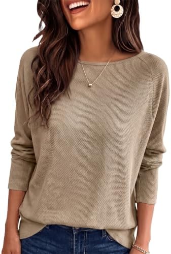 Khaki Waffle Knit Top Long Sleeve Casual Textured Crewneck Shirt