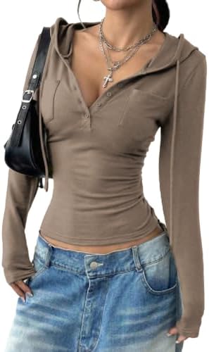 Khaki Y2K Cropped Hoodie Long Sleeve Top