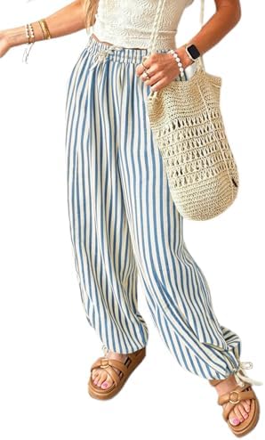 Light Blue Casual Striped Wide Leg Pants Drawstring Elastic High