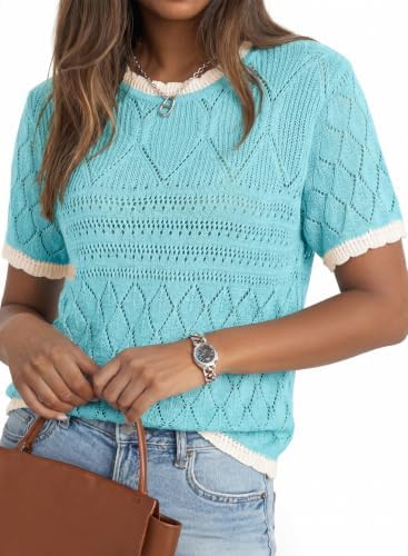 Light Blue Short Sleeve Sweaters Crochet Tops